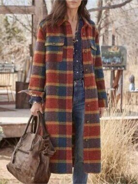 Sundance Legacy Duster Coat Shacket Women's Medium Orange Multi Plaid Wool Blend